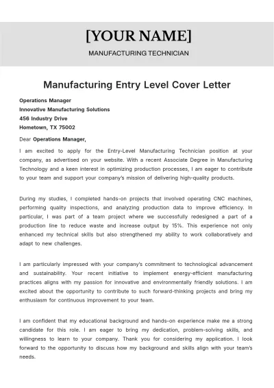 Free Manufacturing Entry Level Cover Letter to Edit Online