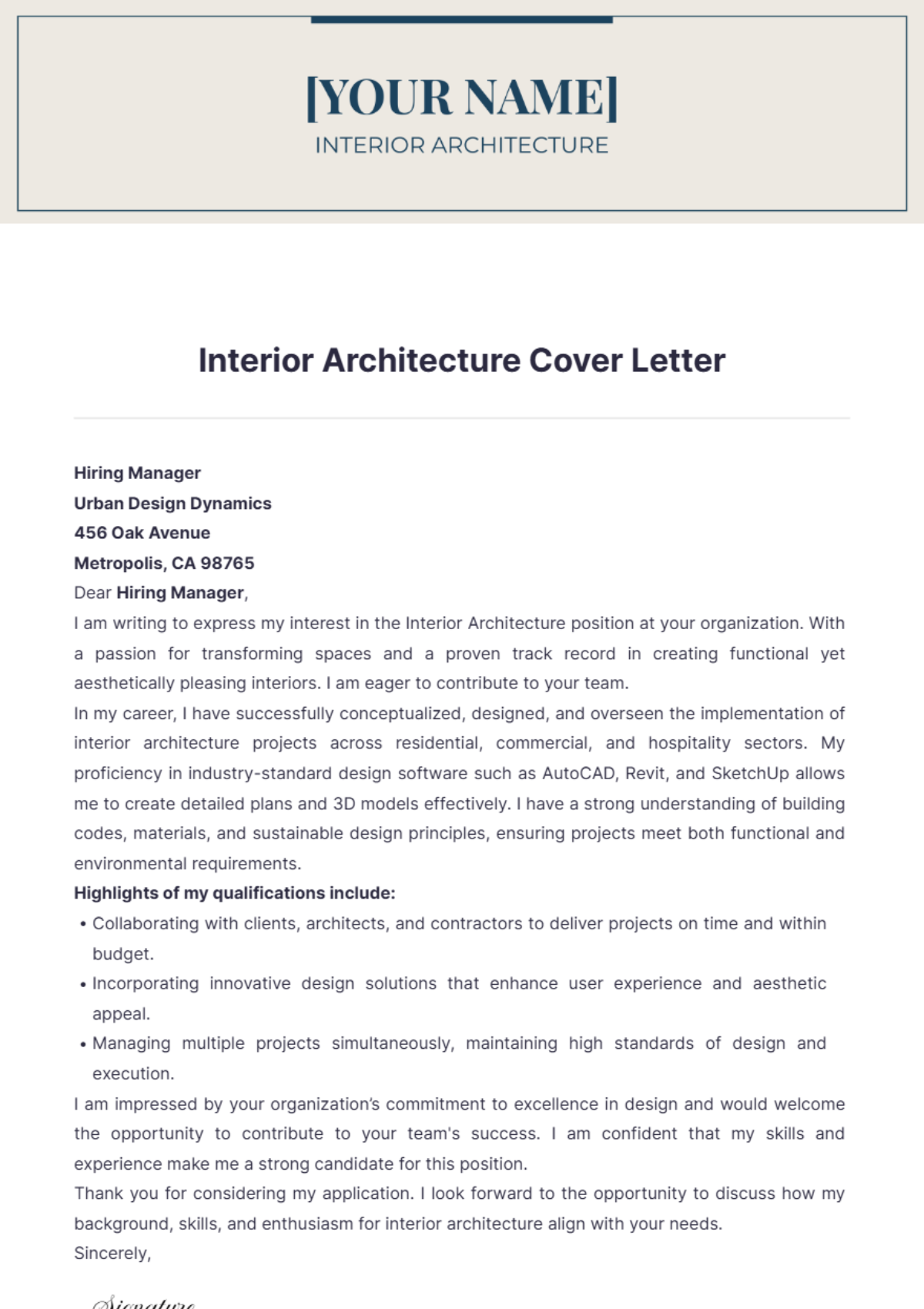 Interior Architecture Cover Letter - Edit Online & Download