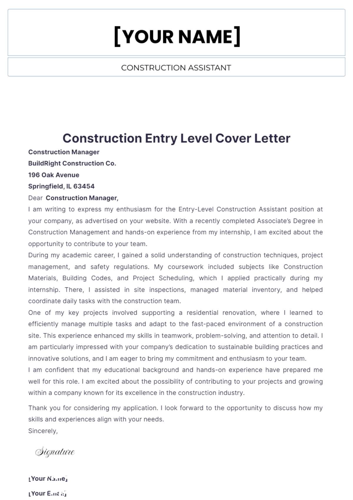 Construction Entry Level Cover Letter