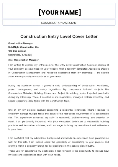 Free Construction Entry Level Cover Letter to Edit Online