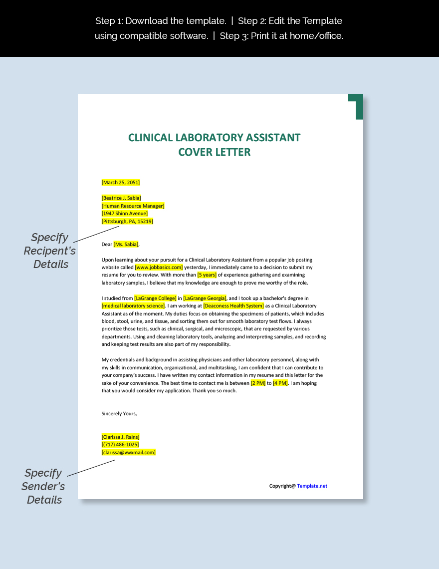 Clinical Laboratory Assistant Cover Letter