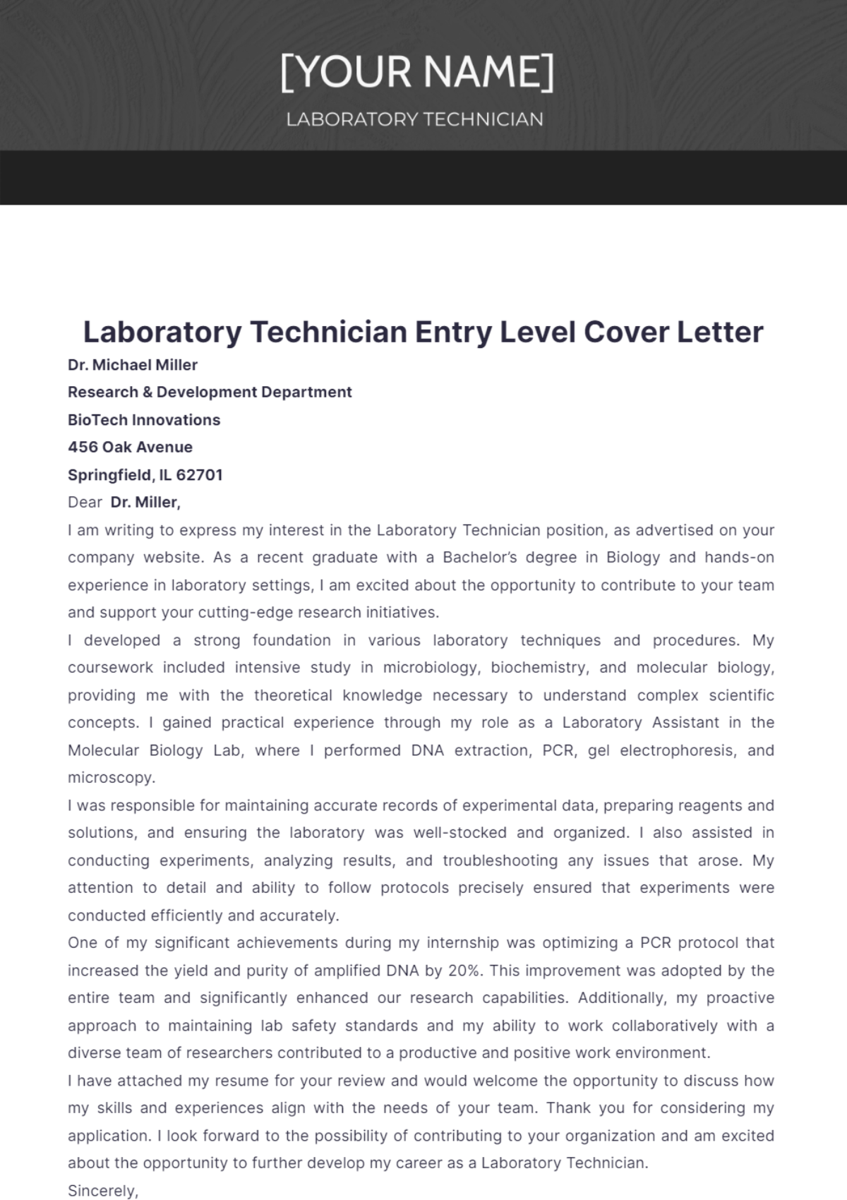 Laboratory Technician Entry Level Cover Letter