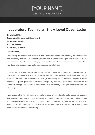 Free Laboratory Technician Entry Level Cover Letter to Edit Online