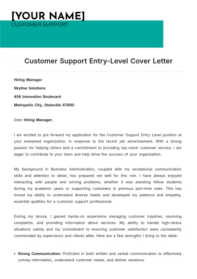Free Customer Support Entry Level Cover Letter to Edit Online