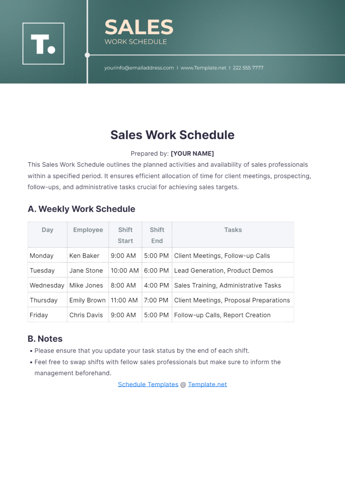 Sales Work Schedule Template - Edit Online & Download