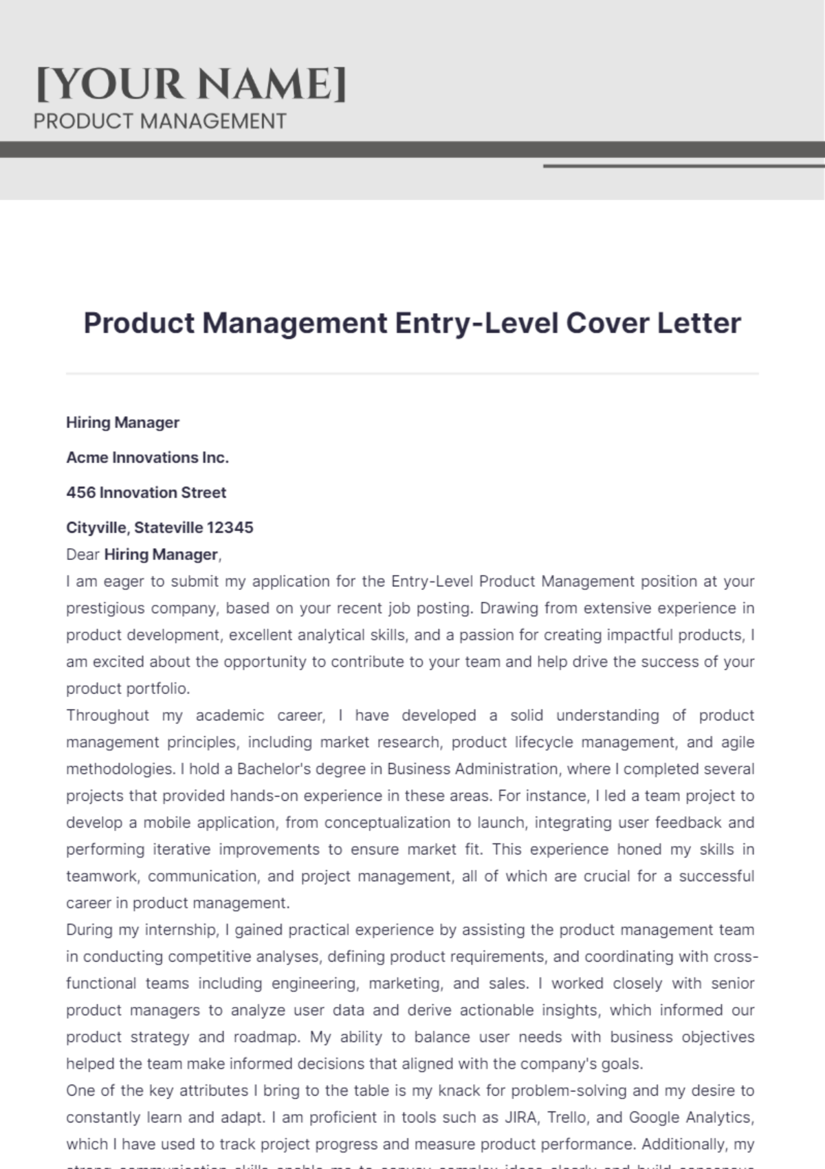 Product Management Entry Level Cover Letter - Edit Online & Download