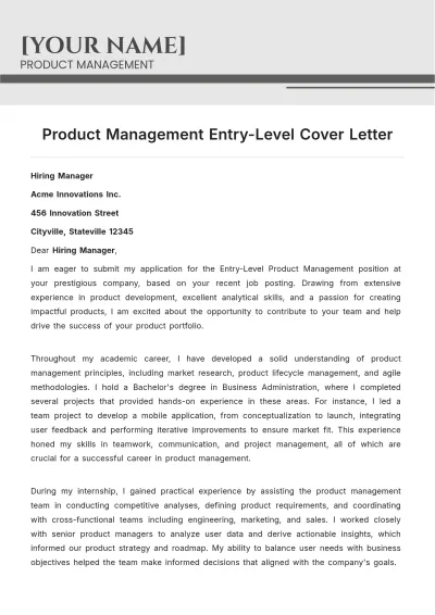Free Product Management Entry Level Cover Letter to Edit Online
