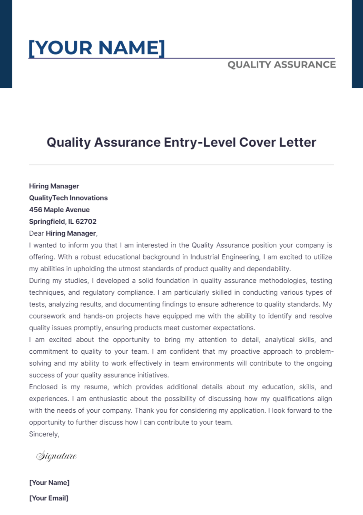 Quality Assurance Entry Level Cover Letter - Edit Online & Download