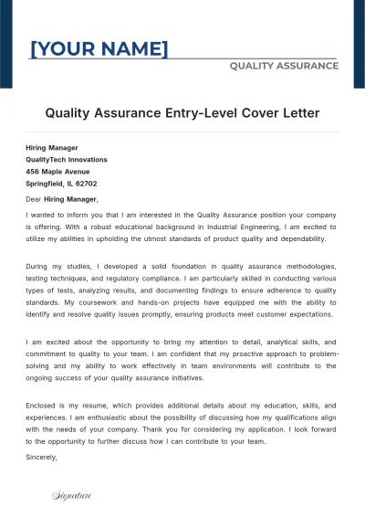 Free Quality Assurance Entry Level Cover Letter to Edit Online