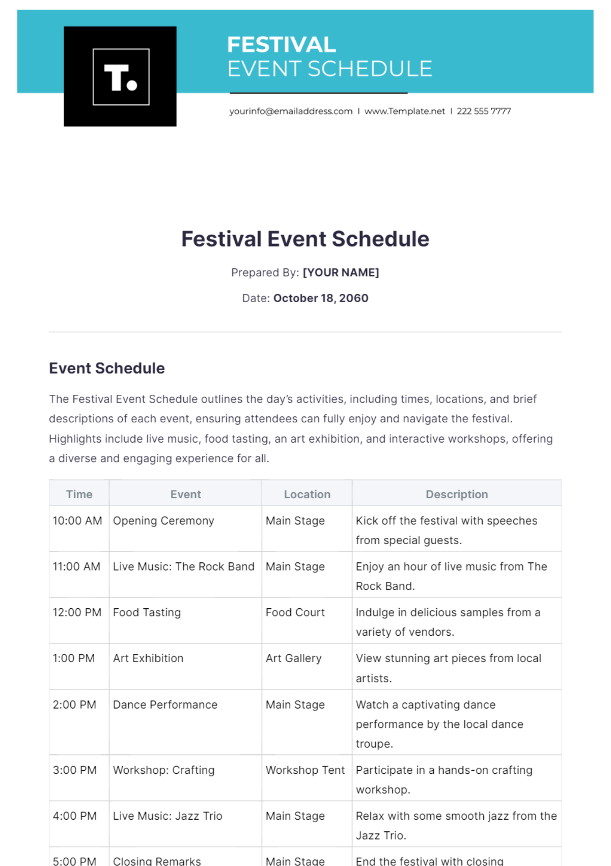 Festival Event Schedule Template - Edit Online & Download