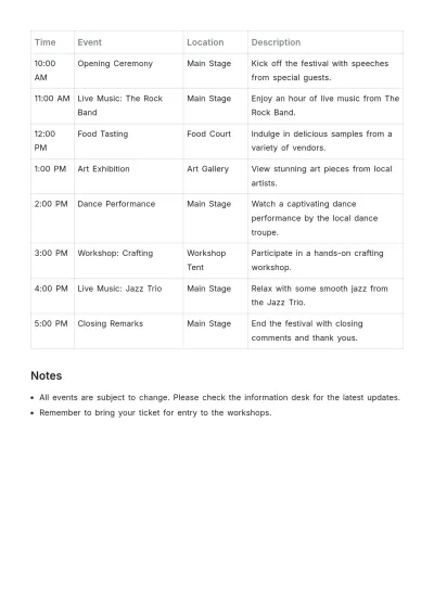 Free Festival Event Schedule Template to Edit Online