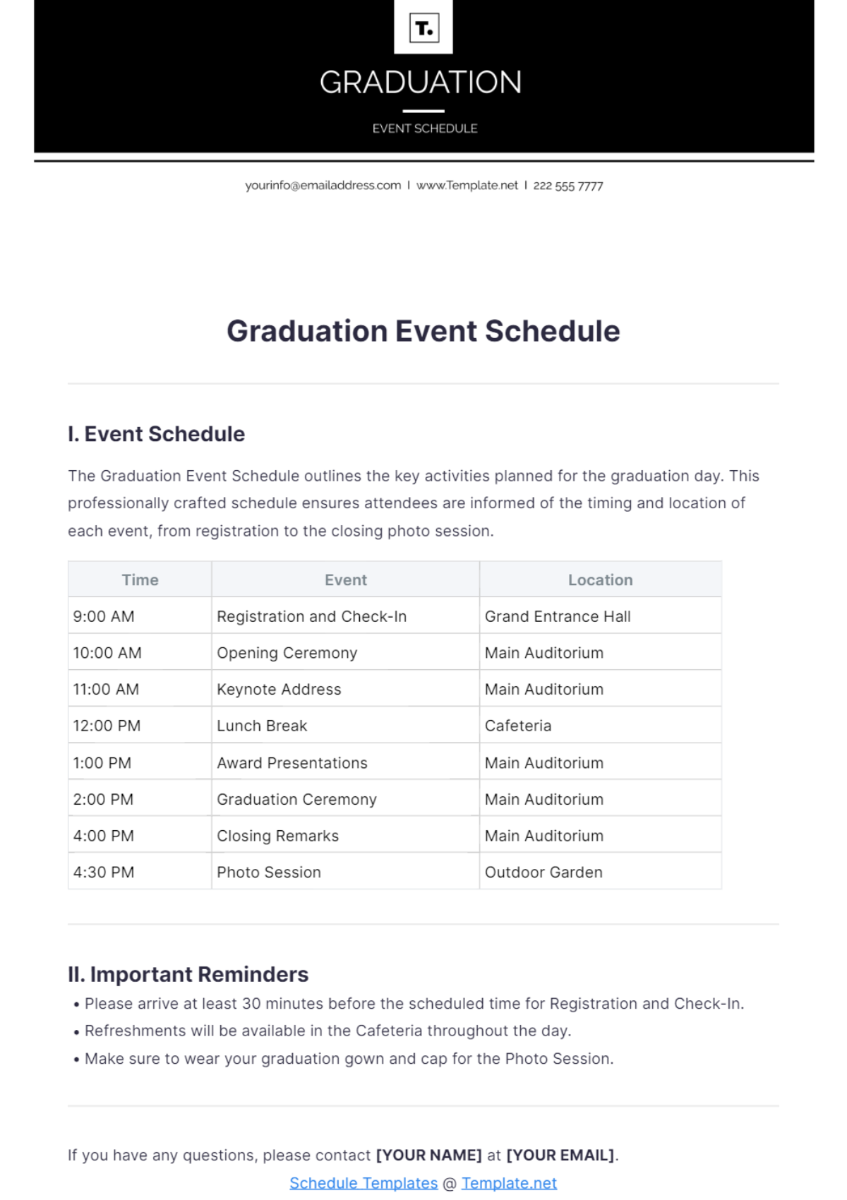 Graduation Event Schedule Template - Edit Online & Download