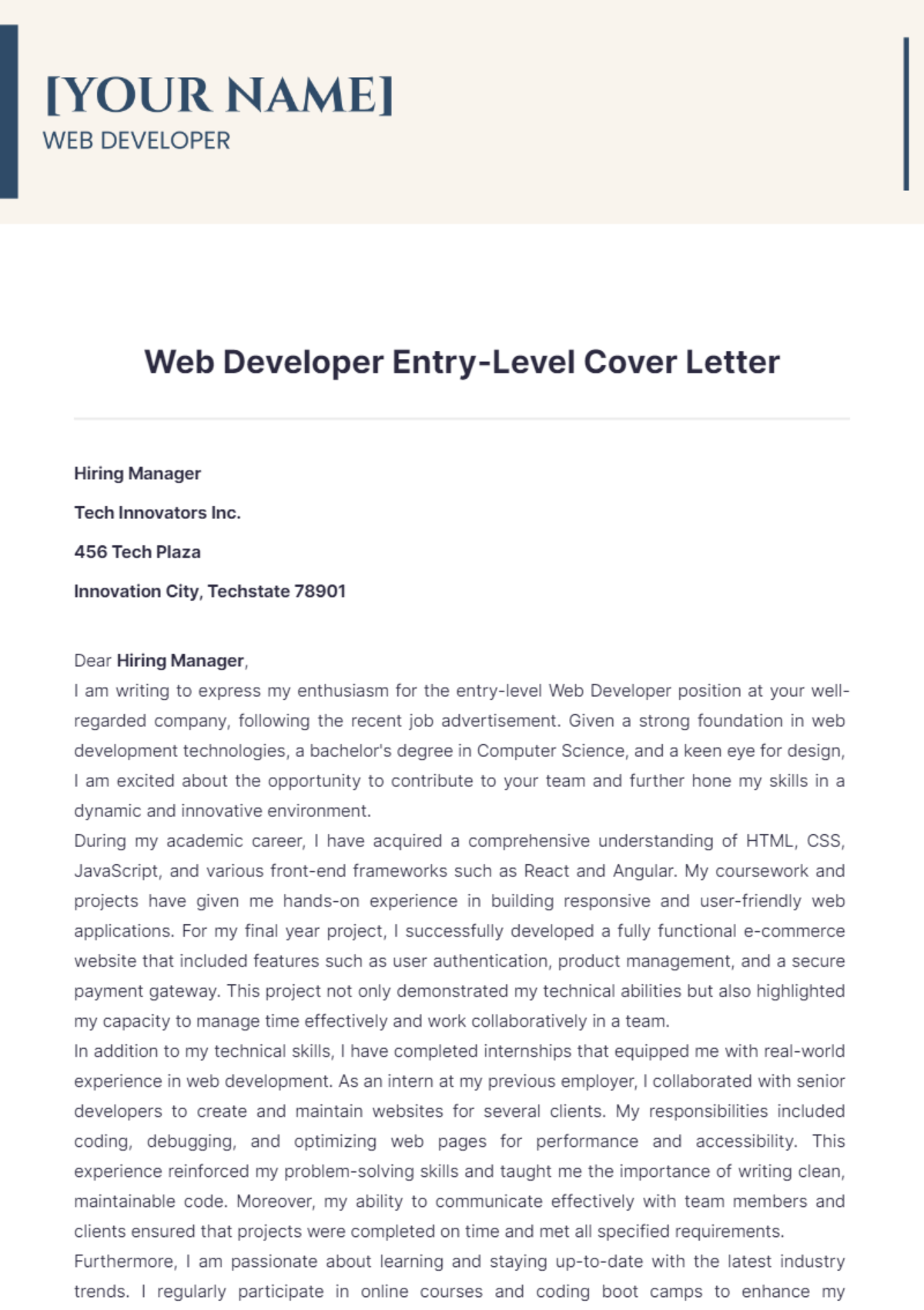 Web Developer Entry Level Cover Letter - Edit Online & Download