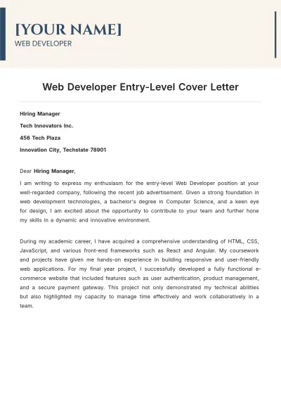 Free Web Developer Entry Level Cover Letter to Edit Online