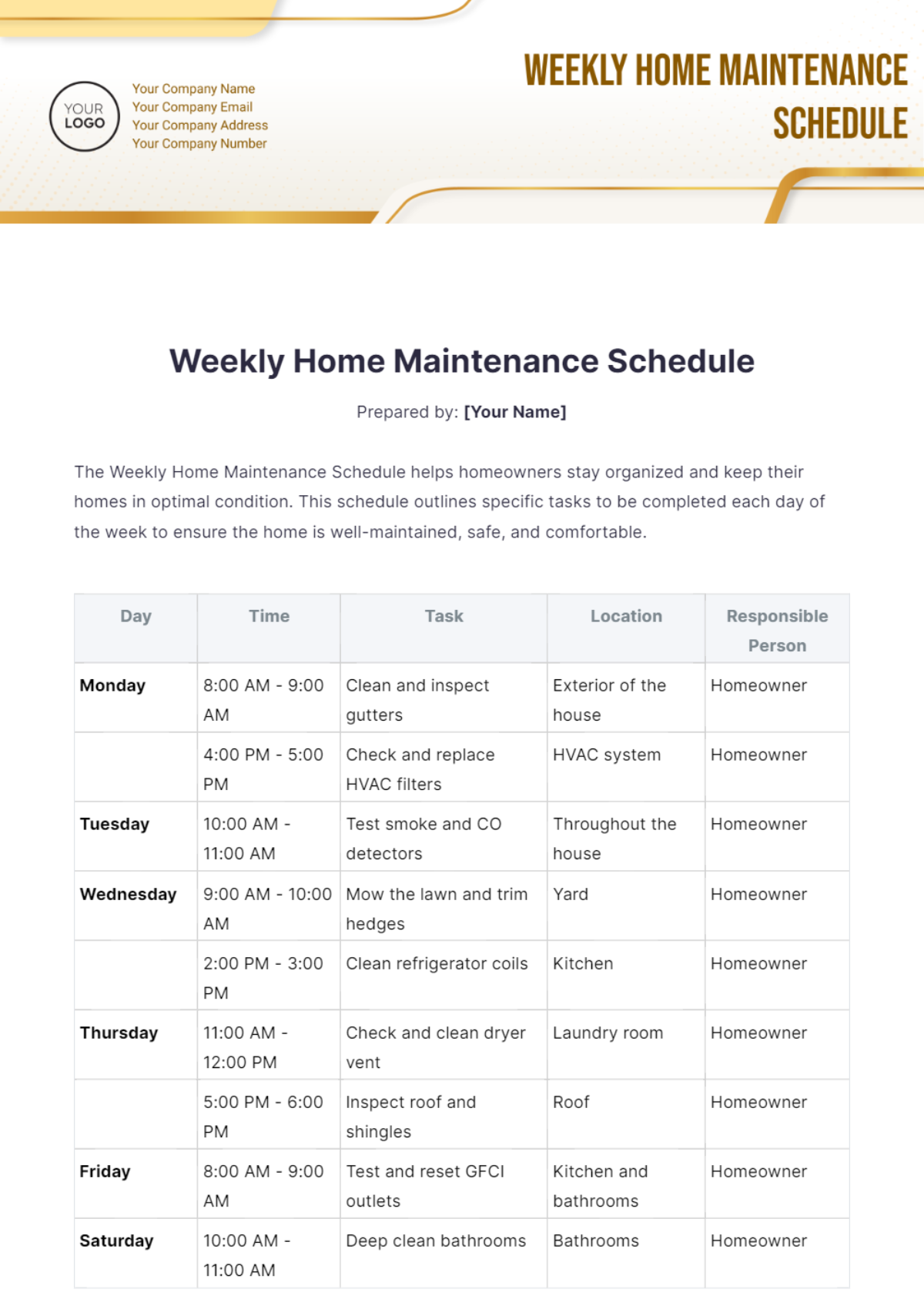 Weekly Home Maintenance Schedule Template - Edit Online & Download