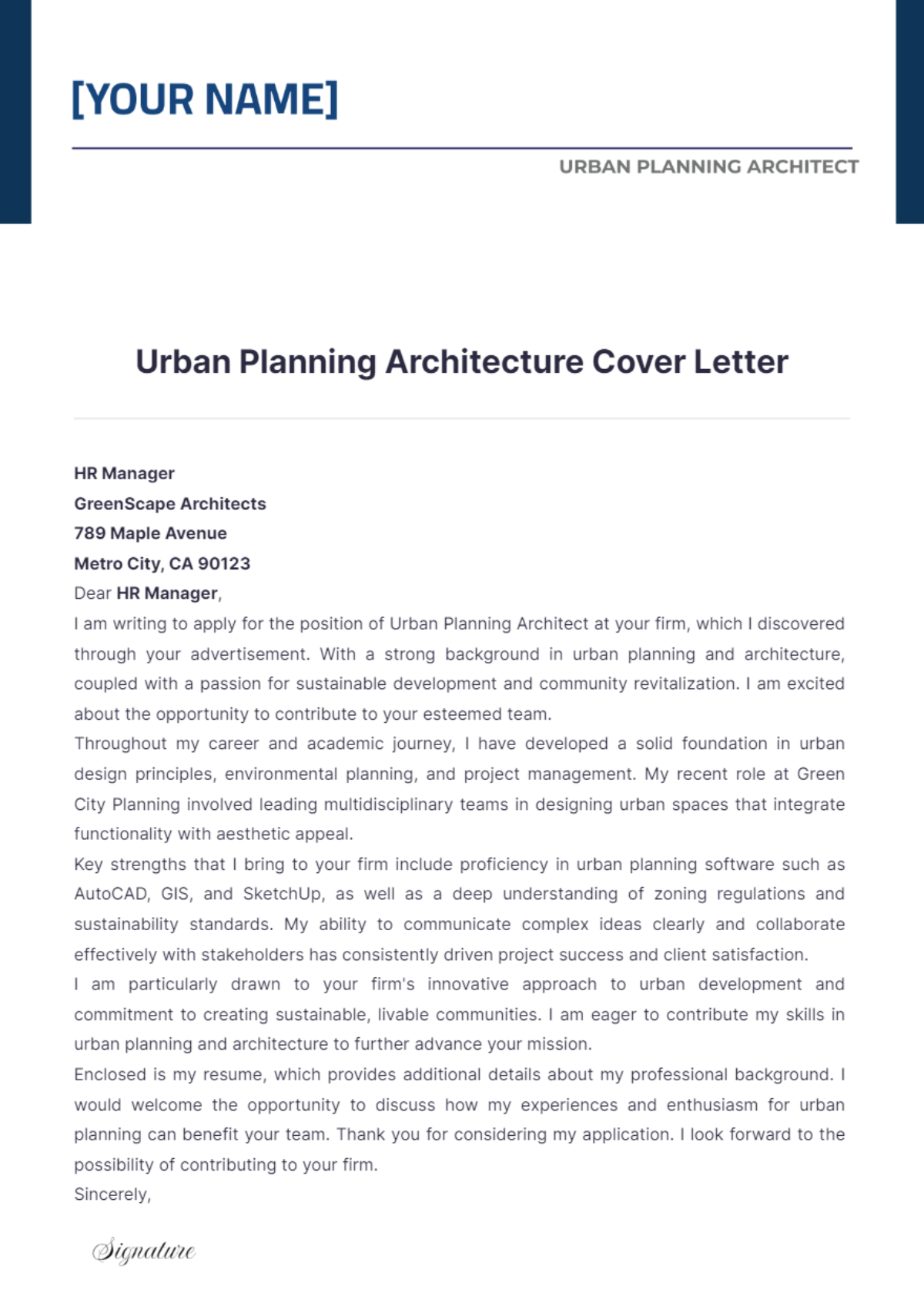 Urban Planning Architecture Cover Letter - Edit Online & Download