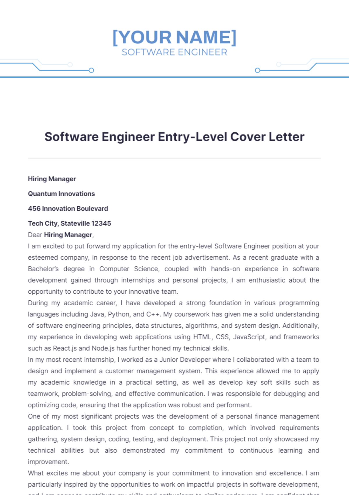 Software Engineer Entry Level Cover Letter - Edit Online & Download