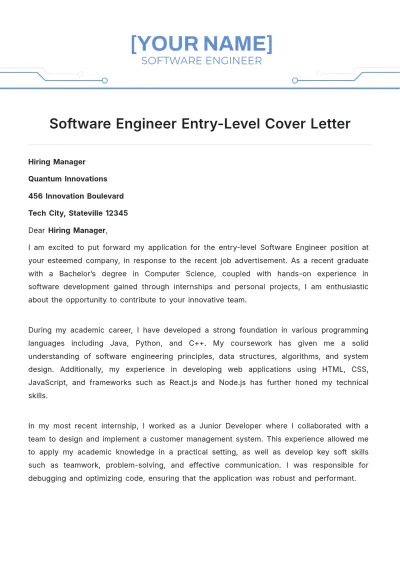 Free Software Engineer Entry Level Cover Letter to Edit Online