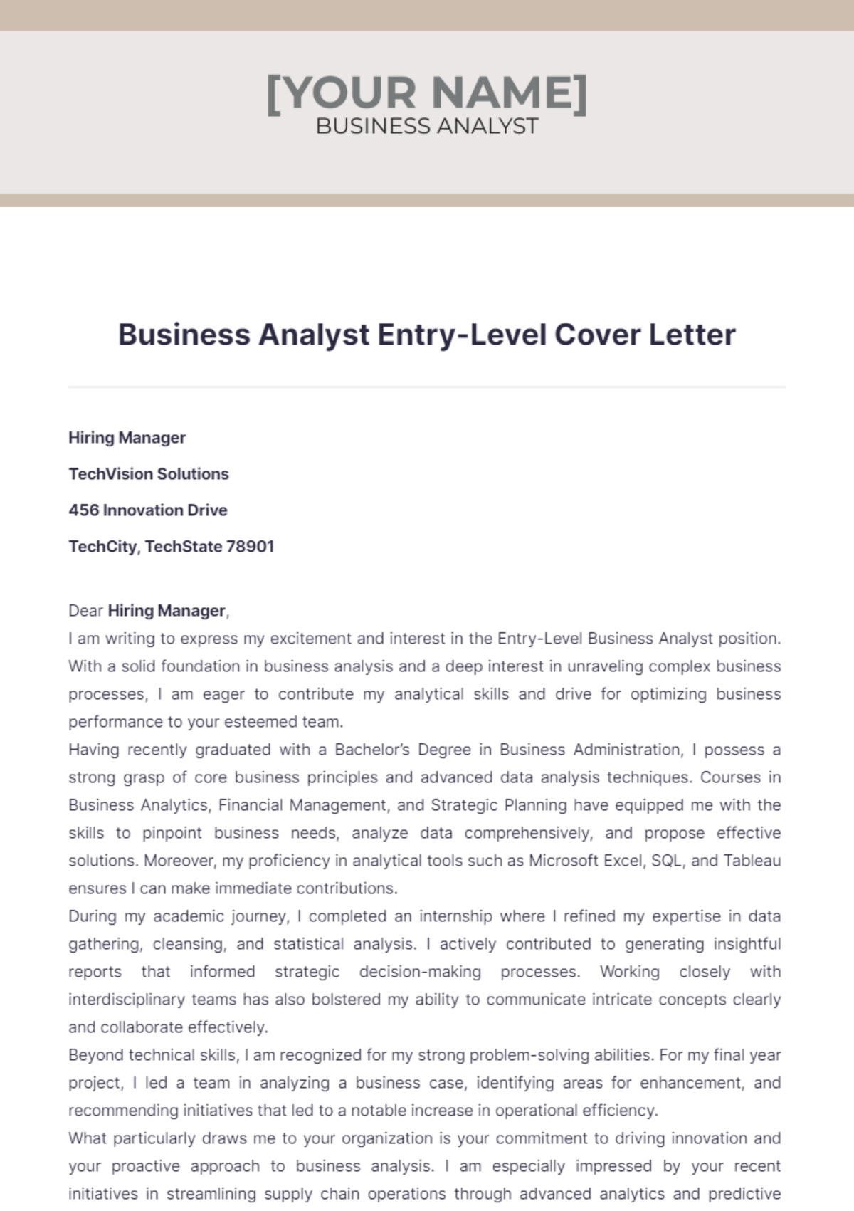 Business Analyst Entry Level Cover Letter - Edit Online & Download