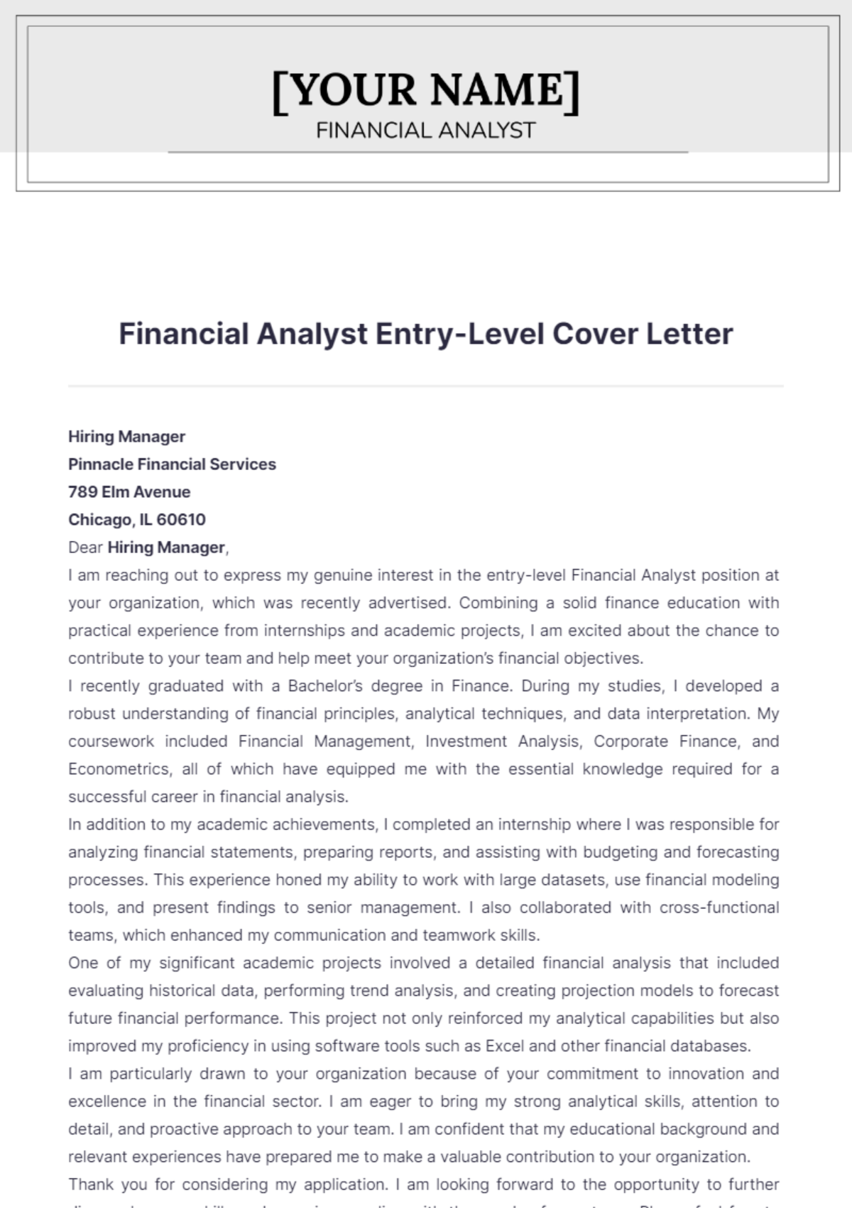 Financial Analyst Entry Level Cover Letter - Edit Online & Download