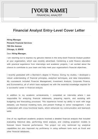 Free Financial Analyst Entry Level Cover Letter to Edit Online