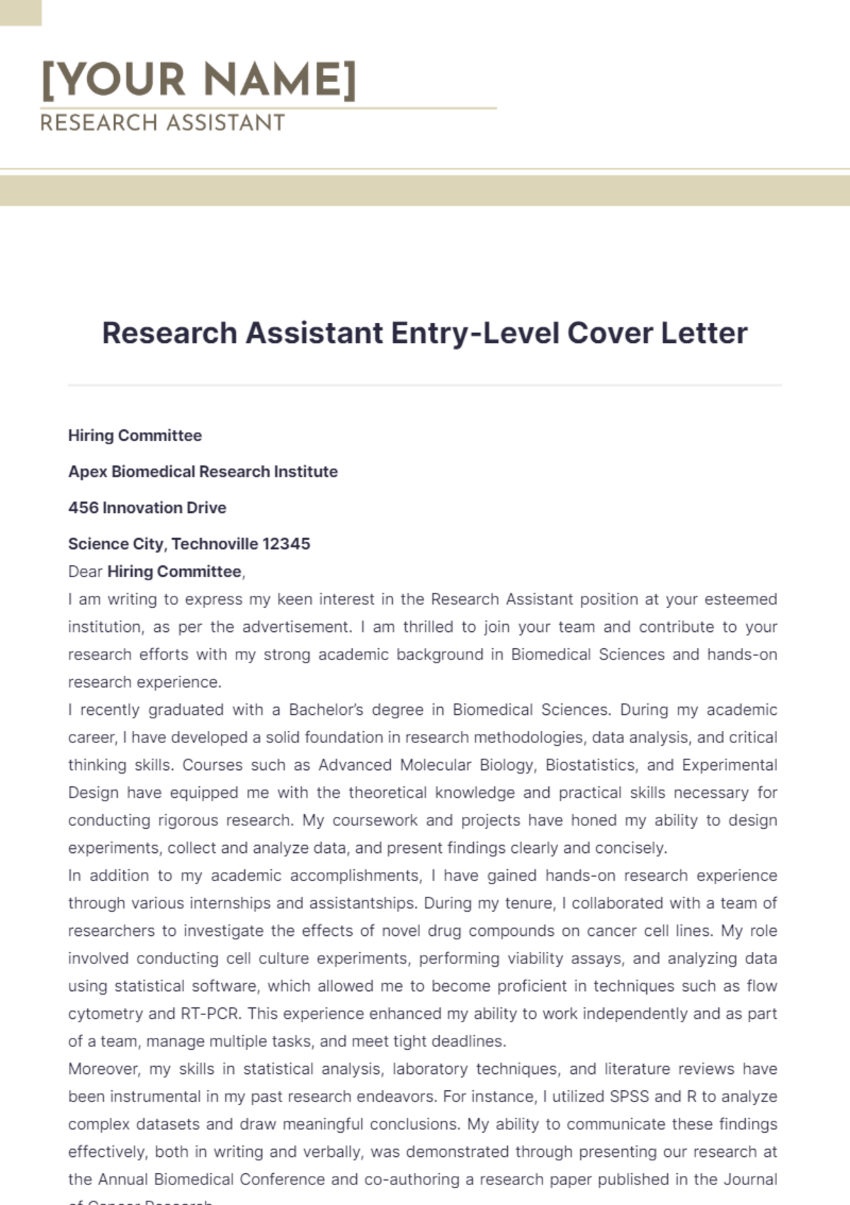 Research Assistant Entry Level Cover Letter