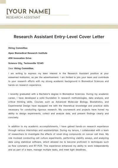 Free Research Assistant Entry Level Cover Letter to Edit Online