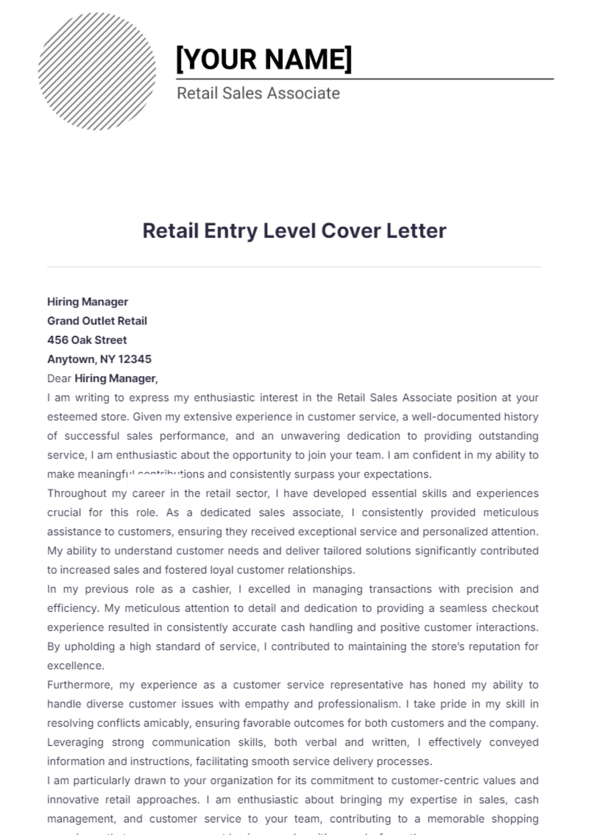 Retail Entry Level Cover Letter