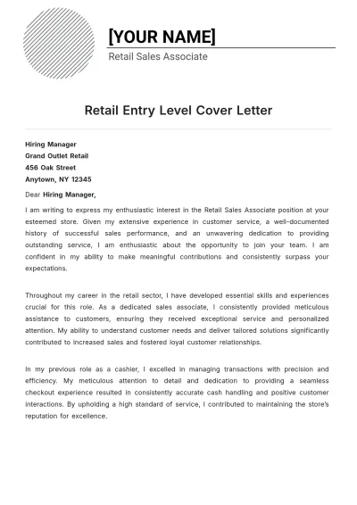 Free Retail Entry Level Cover Letter to Edit Online