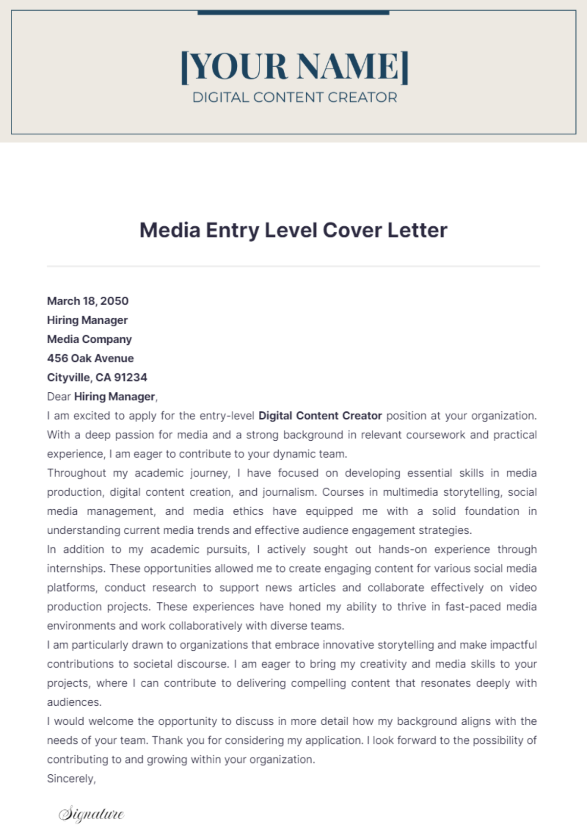 Media Entry Level Cover Letter - Edit Online & Download