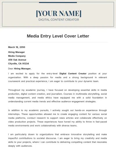 Free Media Entry Level Cover Letter to Edit Online