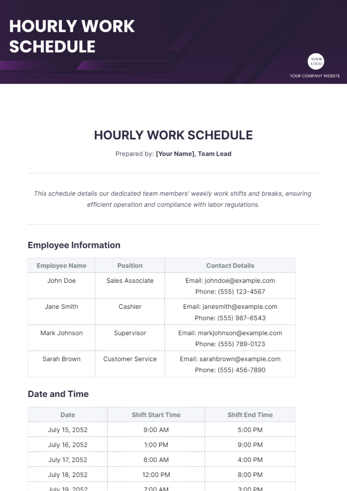 Hourly Work Schedule Template - Edit Online & Download