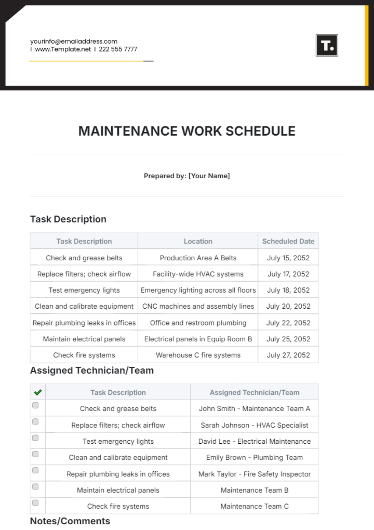 Maintenance Work Schedule Template - Edit Online & Download