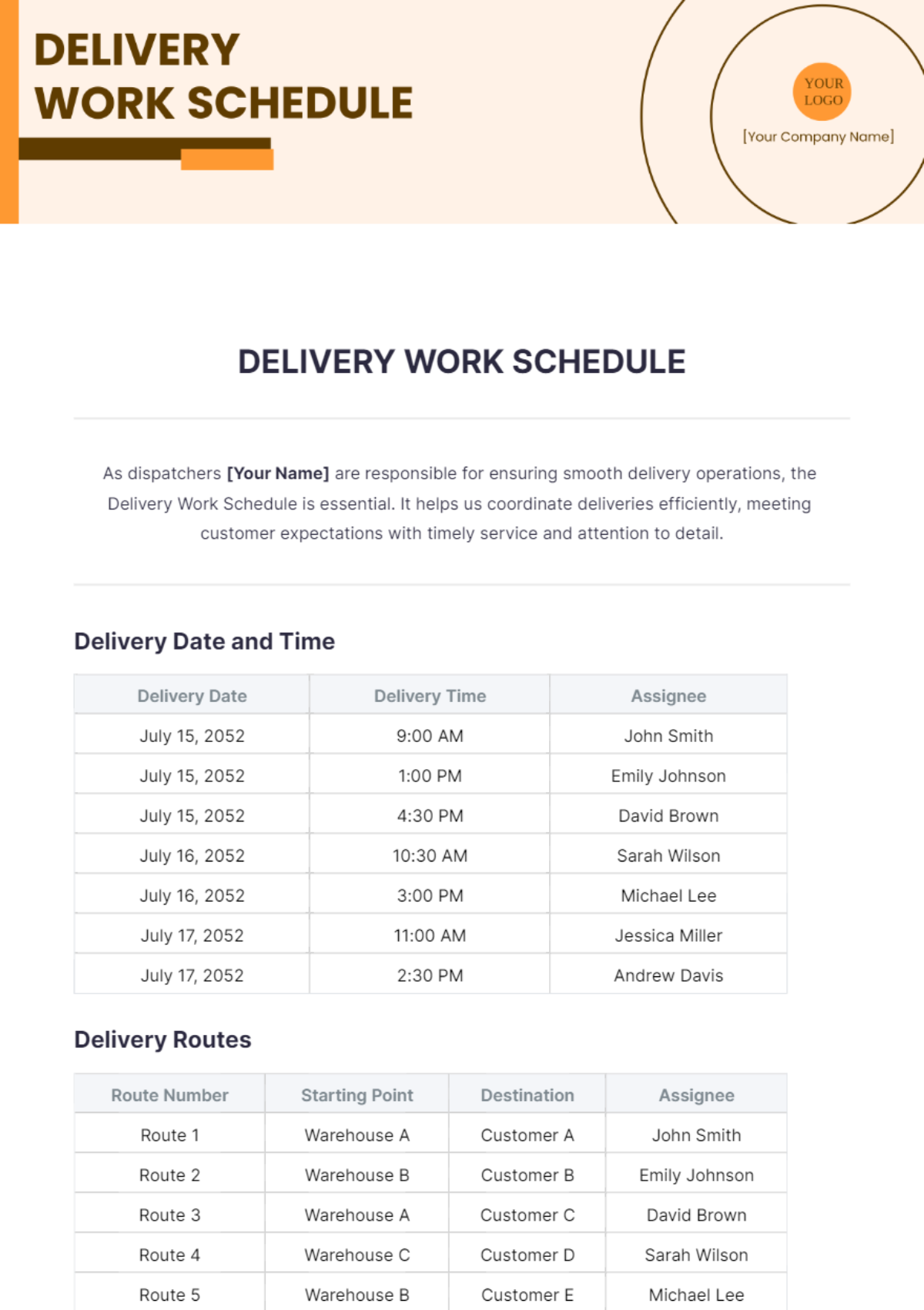 Delivery Work Schedule Template - Edit Online & Download