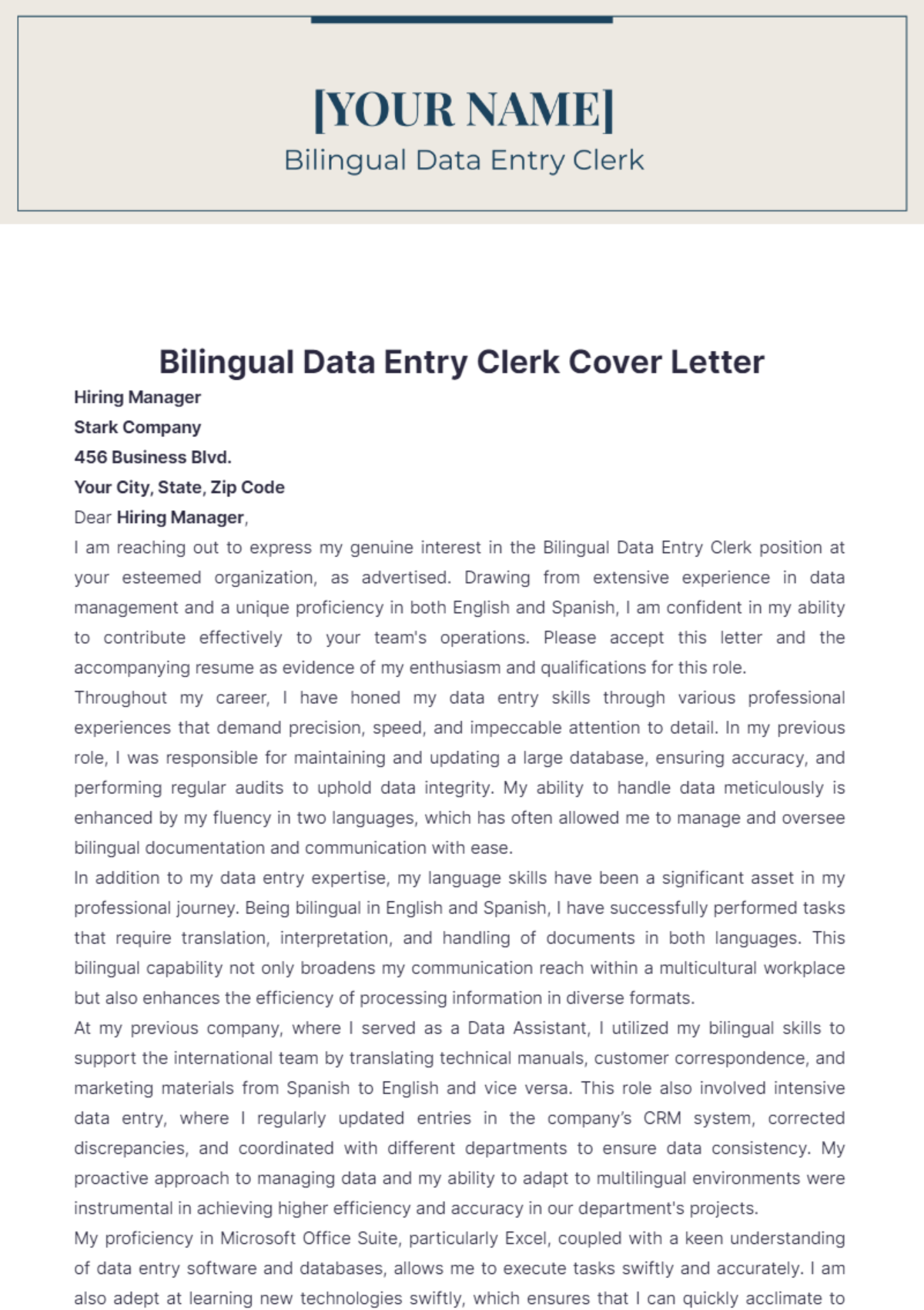 Bilingual Data Entry Clerk Cover Letter