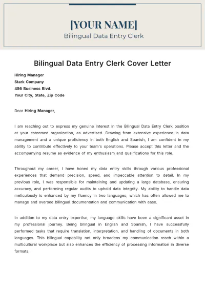 Free Bilingual Data Entry Clerk Cover Letter to Edit Online