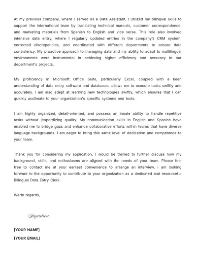 Free Bilingual Data Entry Clerk Cover Letter to Edit Online