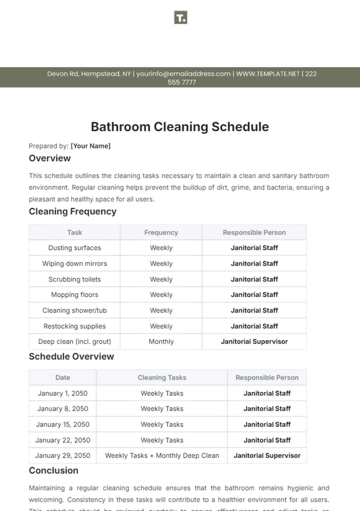 Bathroom Cleaning Schedule Template - Edit Online & Download