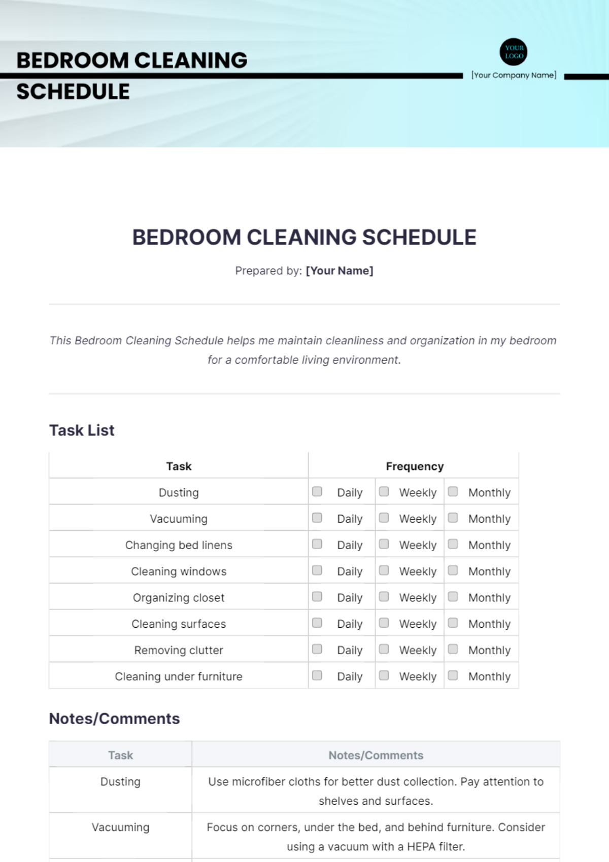 Bedroom Cleaning Schedule Template - Edit Online & Download