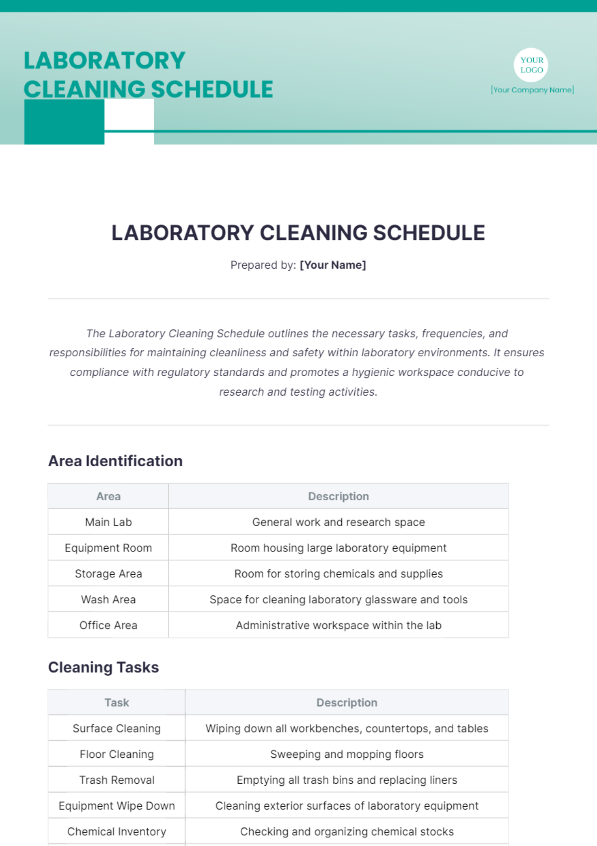 Laboratory Cleaning Schedule Template - Edit Online & Download