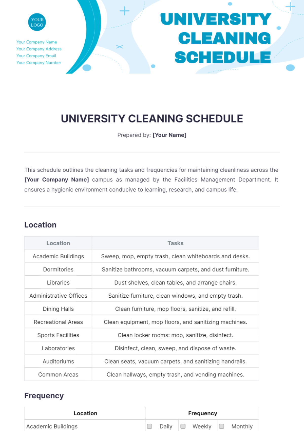 University Cleaning Schedule Template - Edit Online & Download