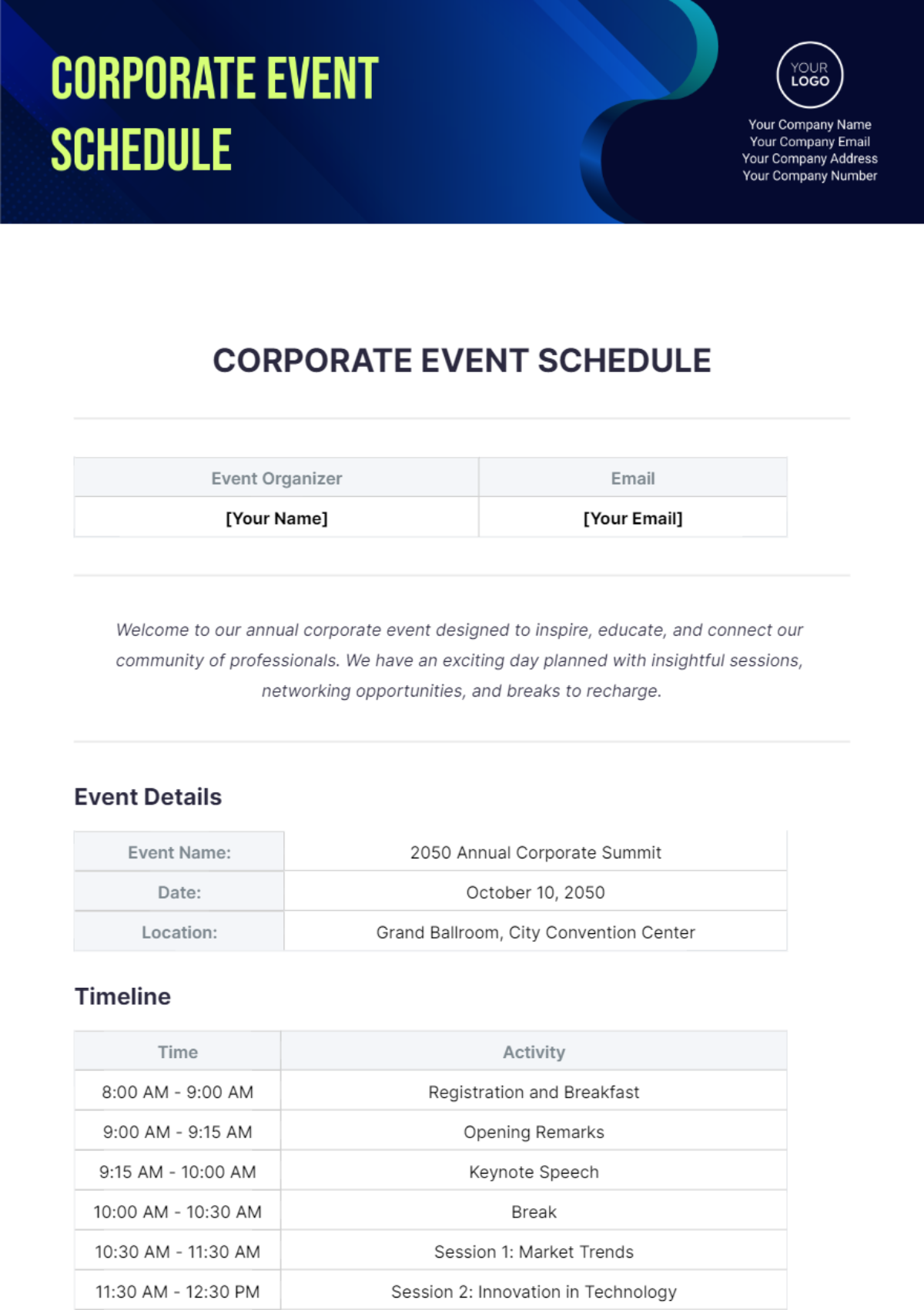 Corporate Event Schedule Template - Edit Online & Download