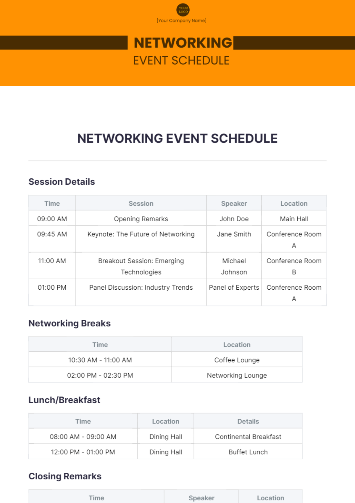 Networking Event Schedule Template - Edit Online & Download