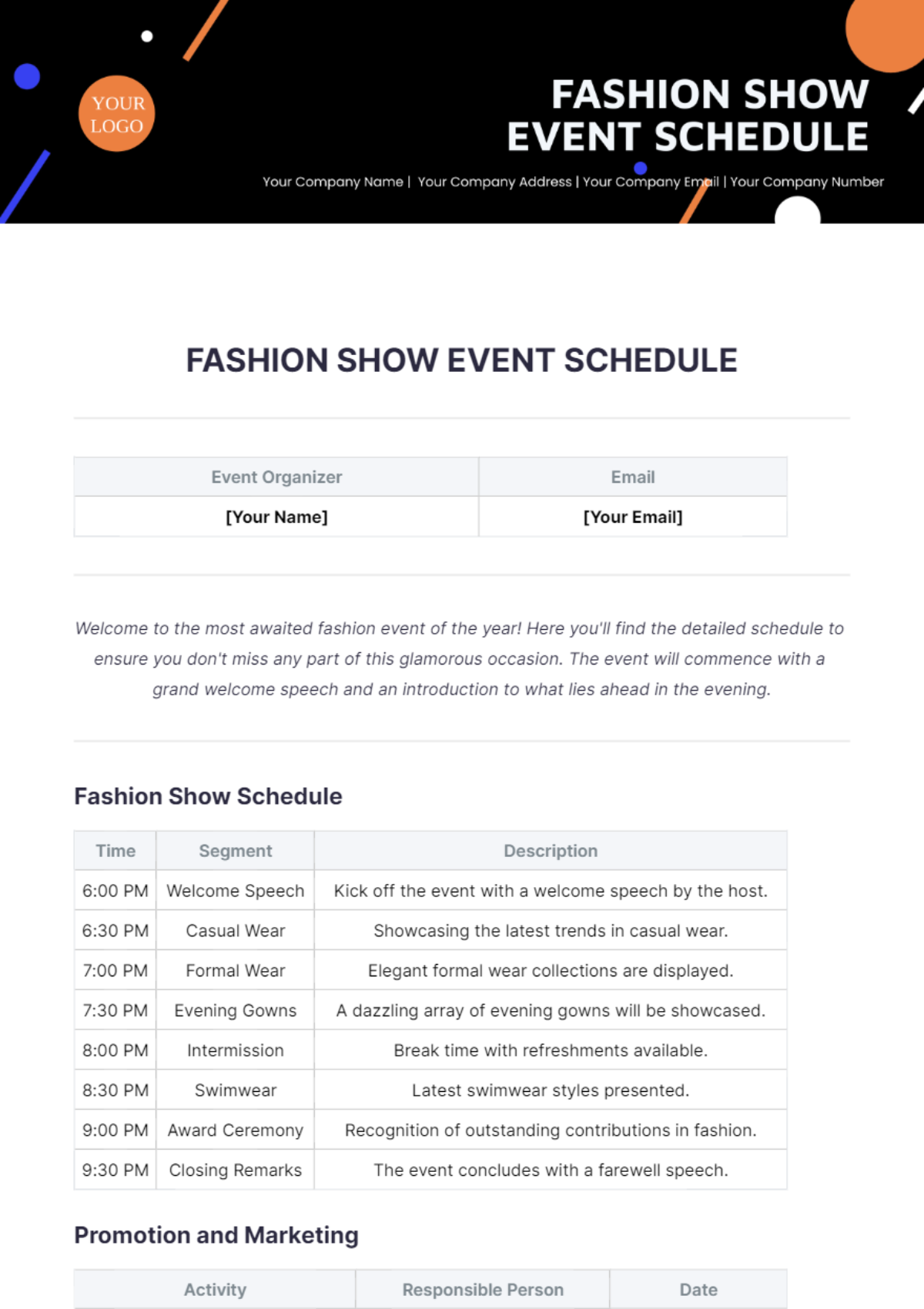 Fashion Show Event Schedule Template - Edit Online & Download