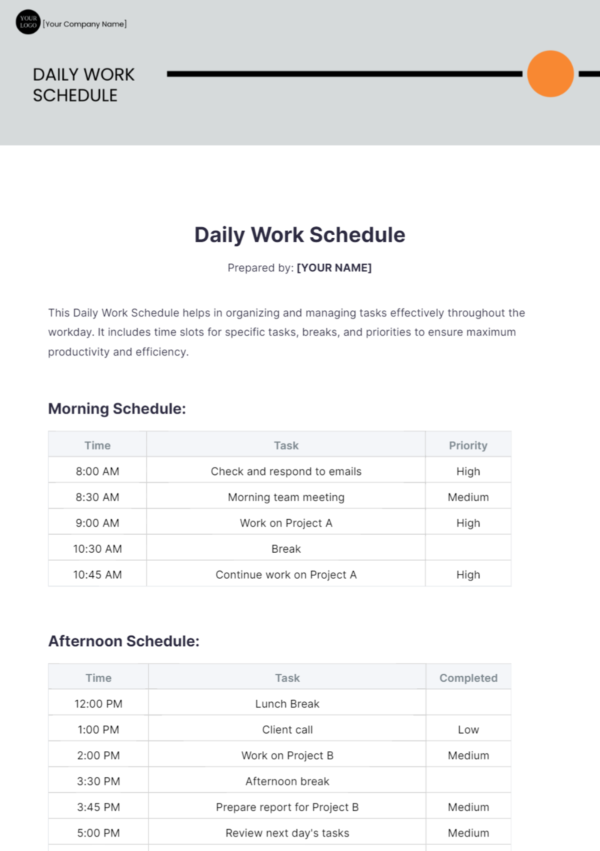 Daily Work Schedule Template - Edit Online & Download