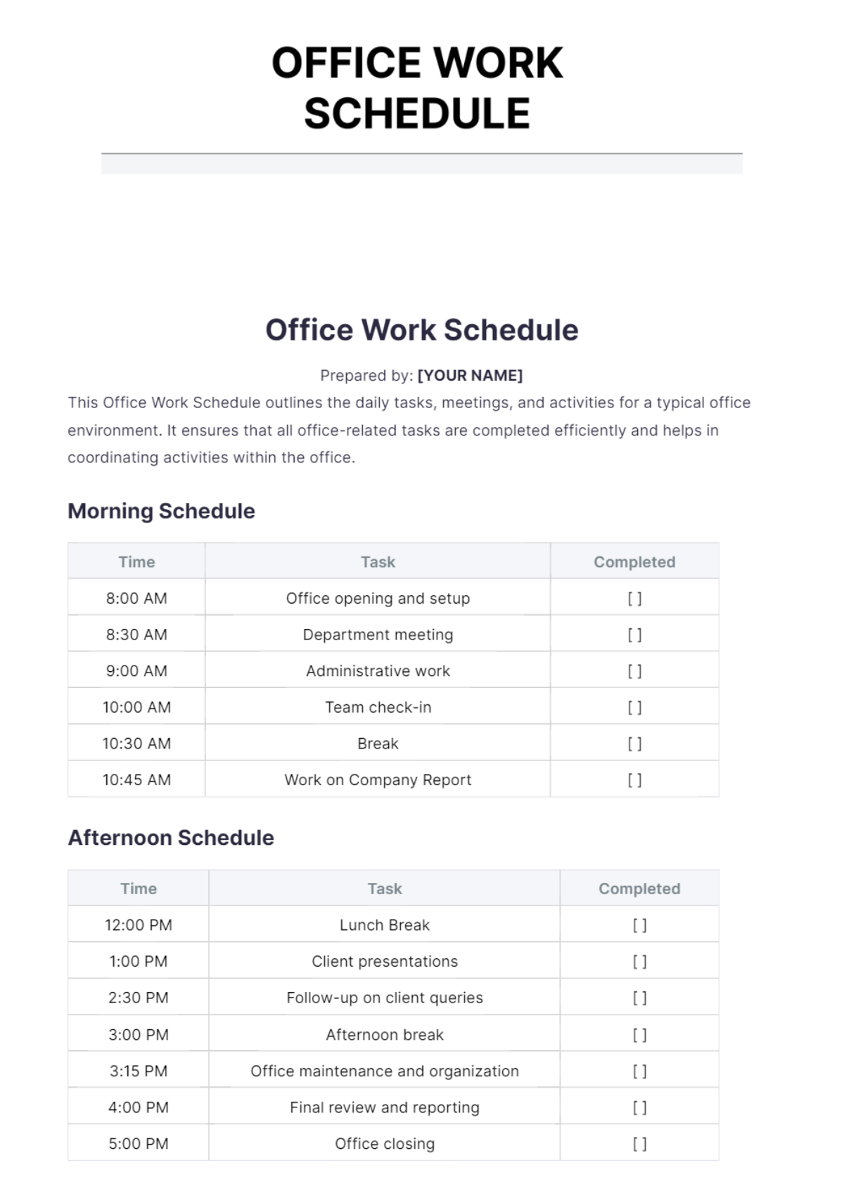 Office Work Schedule Template - Edit Online & Download