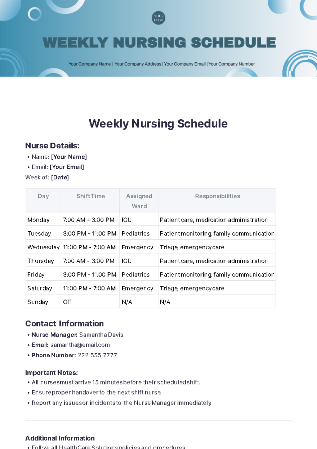 Weekly Nursing Schedule Template - Edit Online & Download