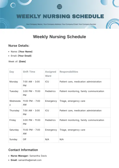 Free Weekly Nursing Schedule Template to Edit Online