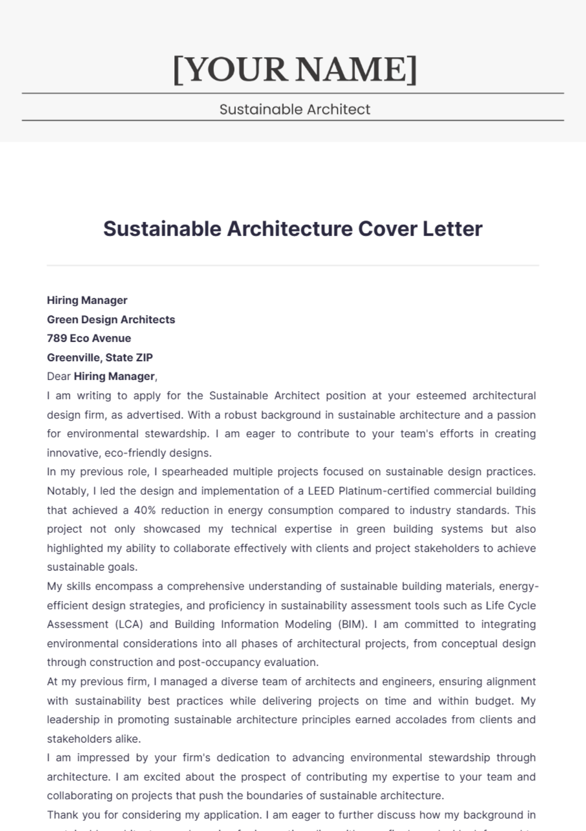 Sustainable Architecture Cover Letter - Edit Online & Download