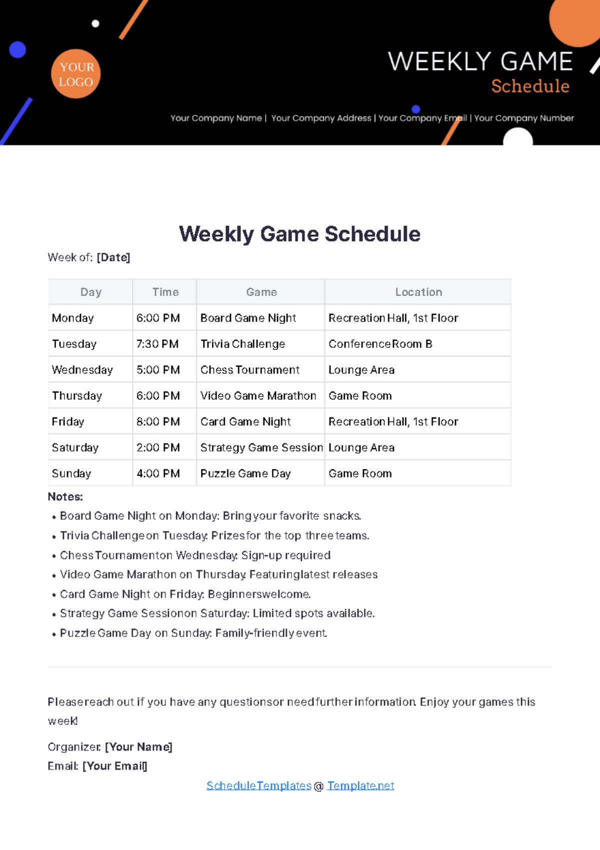 Weekly Game Schedule Template - Edit Online & Download